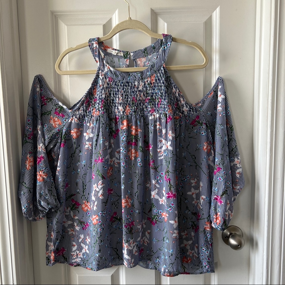 Maurices navy blue striped & floral cold shoulder top